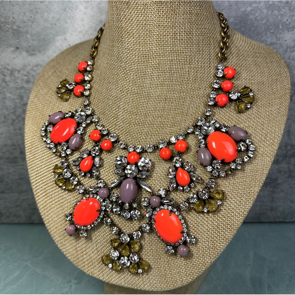 Large J. Crew statement necklace with orange and purple stones bib style